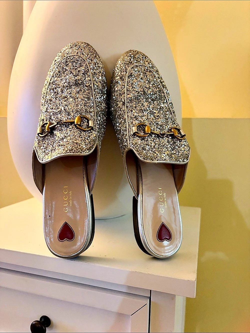 Gucci Princetown Silver Glitter Horsebit Mules in Gold & Silver